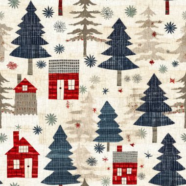 İlkel el dikimi kumaş efektiyle taşralı bir kır evi. Konforlu nostaljik, pejmürde, şık, ev yapımı Amerikan kış el sanatları tarzı, kusursuz desenli.