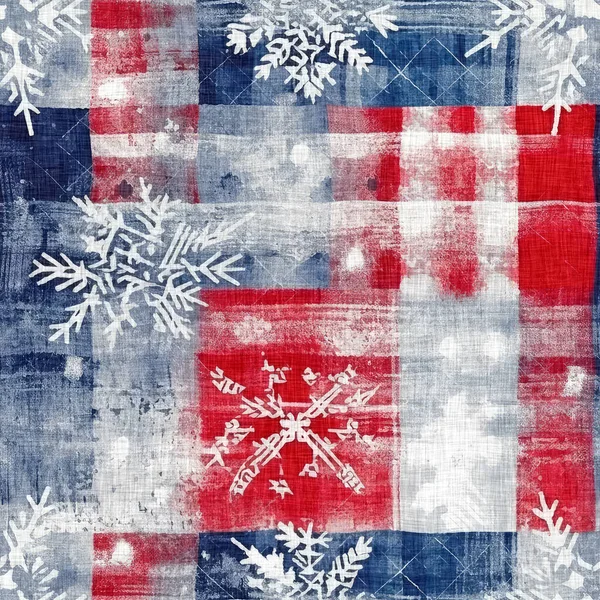 Grunge 크리스마스 눈송이 빨간색 파란색 오두막 스타일 패턴입니다 아늑한 장식을위한 — 스톡 사진