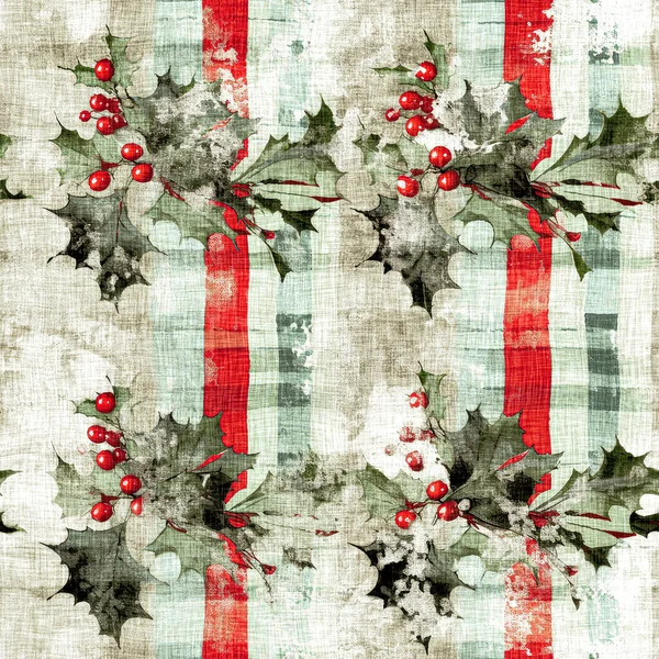 Grunge Americana Rustic Christmas Winter Holly Cottage Style Background Pattern — Stock Photo, Image