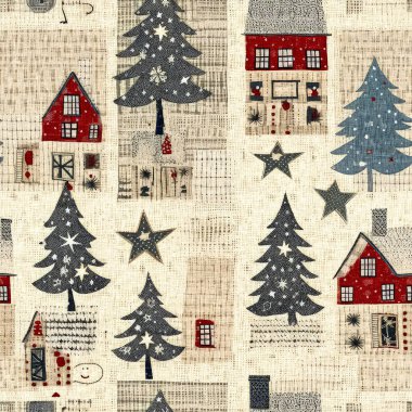 İlkel el dikimi kumaş efektiyle taşralı bir kır evi. Konforlu nostaljik, pejmürde, şık, ev yapımı Amerikan kış el sanatları tarzı, kusursuz desenli.