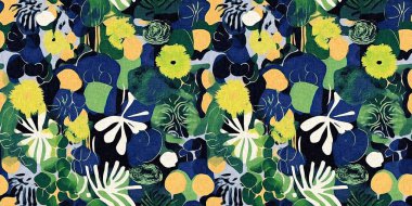 Modern saf kolaj kağıdı kumaş efekti tasarımıyla sınırı keser. Kusursuz çağdaş eğlence doğası moda yaz süslemeleri için tekstil baskısı tekrarından esinlenmiştir
