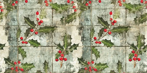 Grunge Americana Rustic Christmas Holly Leaf Winter Cottage Style Border — Stock Photo, Image