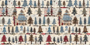 Old-Fashioned christmas tree with primitive hand sewing fabric effect endless edging. Cozy nostalgic homespun winter hand made crafts style trim