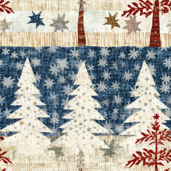 stock image Old-Fashioned christmas tree with primitive hand sewing fabric effect. Cozy nostalgic homespun winter hand made crafts style seamless pattern