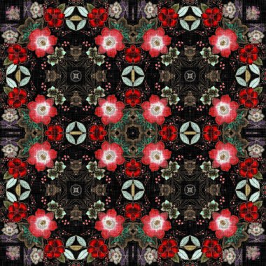 Çingene tarzı Boho folklorik çiçek deseni. Siyah ve kırmızı gotik moda renkleriyle tekrarlanabilir kumaş efekti