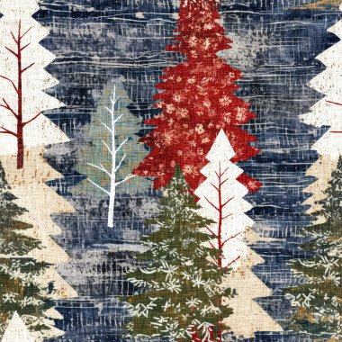 İlkel el dikimi kumaş efektli eski moda noel ağacı. Konforlu nostaljik ev yapımı kışlık el işçiliği, kusursuz desen..