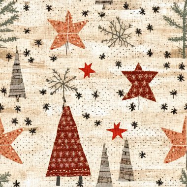 İlkel el dikimi kumaş efektli eski moda noel ağacı. Konforlu nostaljik ev yapımı kışlık el işçiliği, kusursuz desen.