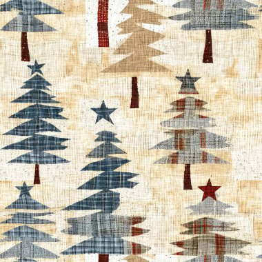 İlkel el dikimi kumaş efektli eski moda noel ağacı. Konforlu nostaljik ev yapımı kışlık el işçiliği, kusursuz desen.