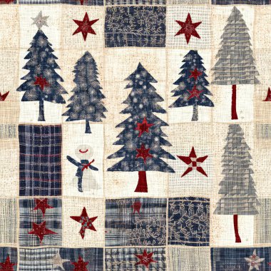 İlkel el dikimi kumaş efektli eski moda noel ağacı. Konforlu nostaljik ev yapımı kışlık el işçiliği, kusursuz desen..