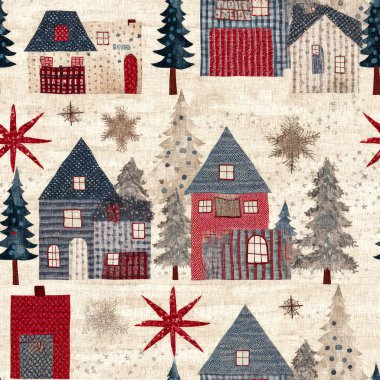 İlkel el dikimi kumaş efektiyle taşralı bir kır evi. Konforlu nostaljik, pejmürde, şık, ev yapımı Amerikan kış el sanatları tarzı, kusursuz desenli.