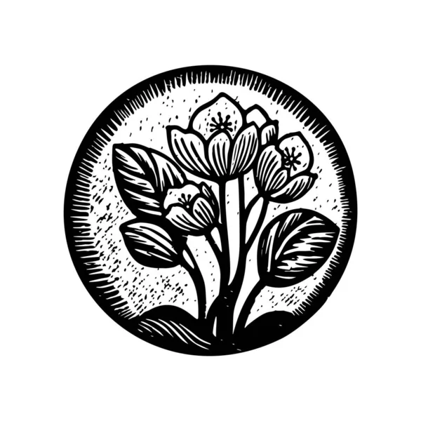 Nordic Linocut Floral Rustic Circle Motif Quirky Print Hand Drawn — Stock Vector