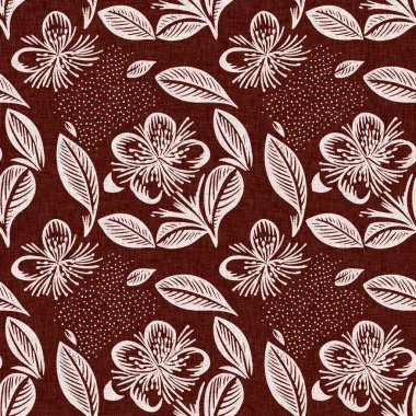 Kestane kırmızısı, çiçekli, desensiz keten desenli. Fransız kır evinin iç kısmının allover baskısı. İç pamuk etkisi çiçek kumaşı arka plan