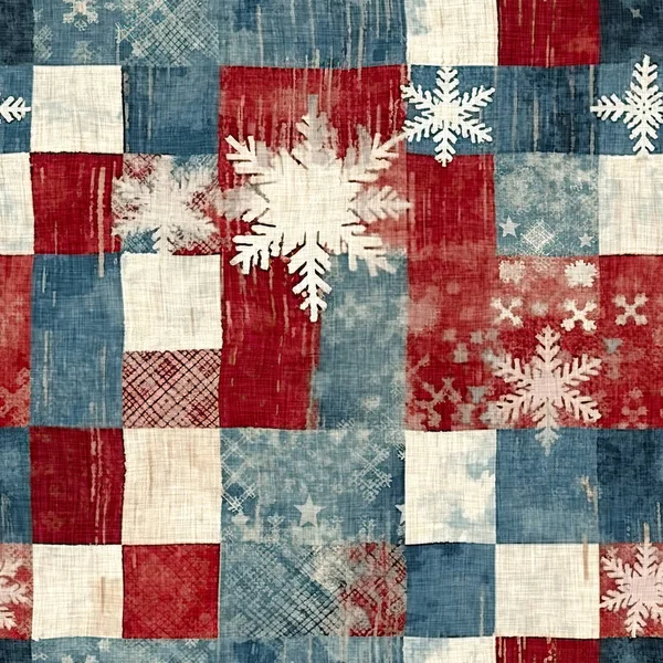 Grunge Americana Boże Narodzenie Płatek Śniegu Czerwony Niebieski Biały Domek — Zdjęcie stockowe