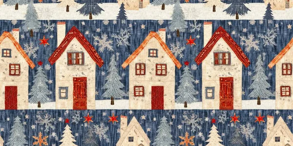 Rustic Country Christmas Cottage Primitive Hand Sewing Fabric Effect Border — Stock Photo, Image