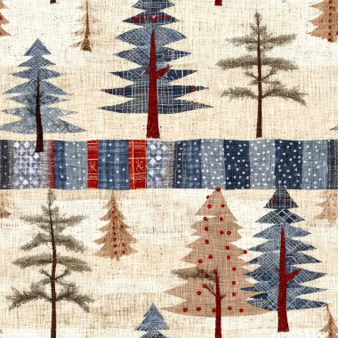 İlkel el dikimi kumaş efektli eski moda noel ağacı. Konforlu nostaljik ev yapımı kışlık el işçiliği, kusursuz desen.