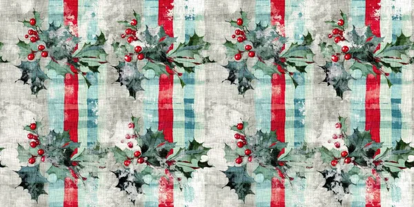 Grunge Americana Christmas Holly Red Blue White Cottage Style Seamless — 图库照片