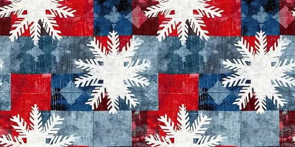 Grunge Americana Kerst Sneeuwvlok Rood Blauw Wit Huisje Stijl Naadloze — Stockfoto