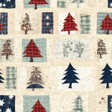 İlkel el dikimi kumaş efektli eski moda noel ağacı. Konforlu nostaljik ev yapımı kışlık el işçiliği, kusursuz desen.