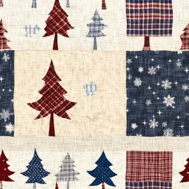 İlkel el dikimi kumaş efektli eski moda noel ağacı. Konforlu nostaljik ev yapımı kışlık el işçiliği, kusursuz desen.
