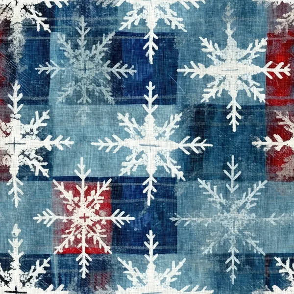 Grunge Americana Christmas Snowflake Red Blue Cottage Style Background Pattern — стоковое фото