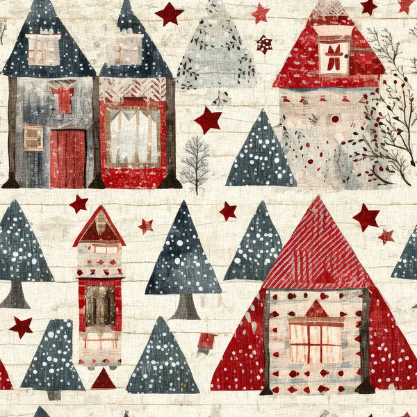 具有原始手工缝纫面料效果的乡村圣诞别墅 舒适的怀旧的 时髦的 别致的 朴实的美国冬季手工制作的工艺风格无缝图案 — 图库照片