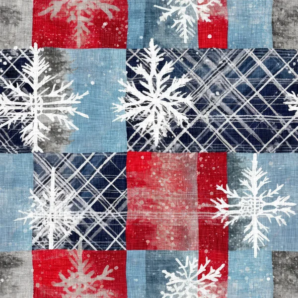 Grunge Americana Kerst Sneeuwvlok Rood Blauw Wit Huisje Stijl Achtergrond — Stockfoto