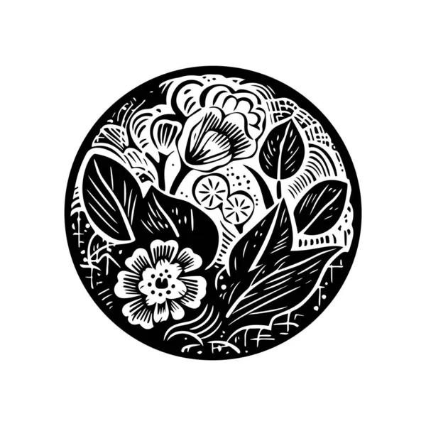 Nordic Linocut Floral Rustic Circle Motif Quirky Print Hand Drawn — 스톡 벡터