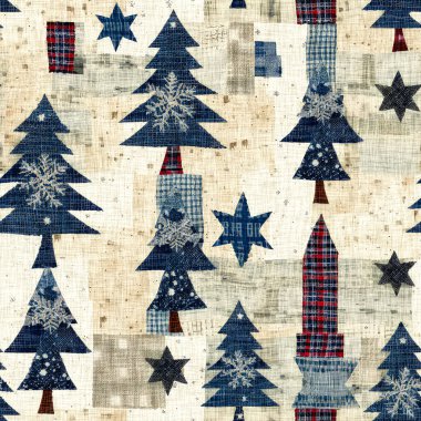 İlkel el dikimi kumaş efektli eski moda noel ağacı. Konforlu nostaljik ev yapımı kışlık el işçiliği, kusursuz desen..
