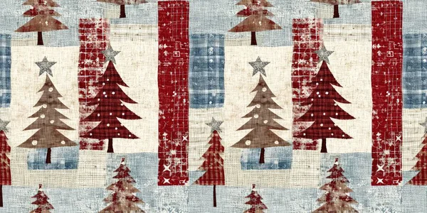 具有原始手工缝纫面料效果边界的老式圣诞树 温馨怀旧的家喻户晓的冬季手工制作的手工艺品风格横幅 — 图库照片