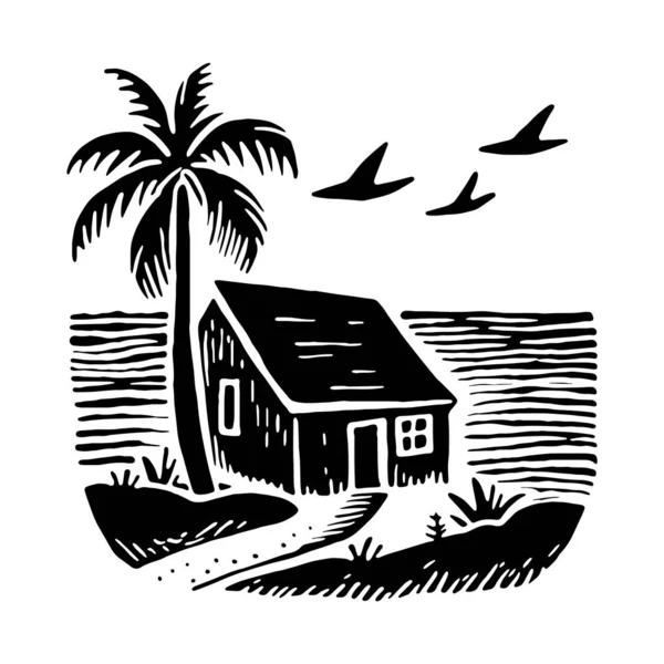熱帯旅行コンセプトのためのウィズミカルビーチ小屋のブロック印刷イラスト 休日のためにスタイリッシュなヤシの木のベクトル沿岸の家 — ストックベクタ