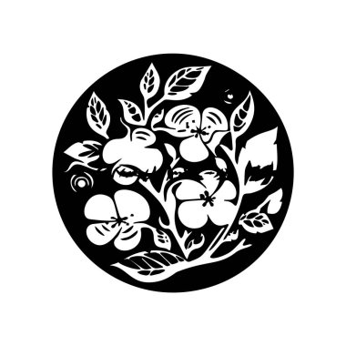 Nordic linocut floral in rustic circle motif for quirky print. Hand drawn botanical graphic in retro scandi style design