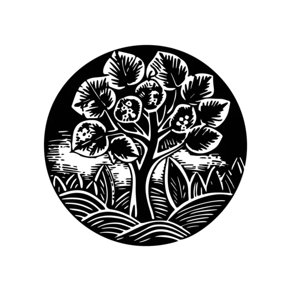 Nordic Linocut Floral Rustic Circle Motif Quirky Print Hand Drawn — Vetor de Stock