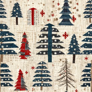 İlkel el dikimi kumaş efektli eski moda noel ağacı. Konforlu nostaljik ev yapımı kışlık el işçiliği, kusursuz desen..