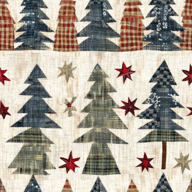 İlkel el dikimi kumaş efektli eski moda noel ağacı. Konforlu nostaljik ev yapımı kışlık el işçiliği, kusursuz desen.