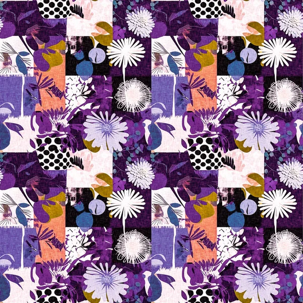现代紫色夏季拼贴纸用面料效果设计裁剪了形状图案 无缝隙的乐趣自然激发时尚复现流行的纺织品洗印背景 — 图库照片
