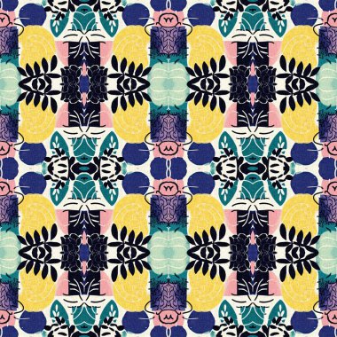 Kumaş efektli modern yama şablonu deseni. Kusursuz çağdaş yorgan modadan esinlenilmiş yazlık arka plan tasarımları için tekstil baskısı