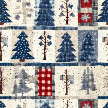 İlkel el dikimi kumaş efektli eski moda noel ağacı. Konforlu nostaljik ev yapımı kışlık el işçiliği, kusursuz desen.