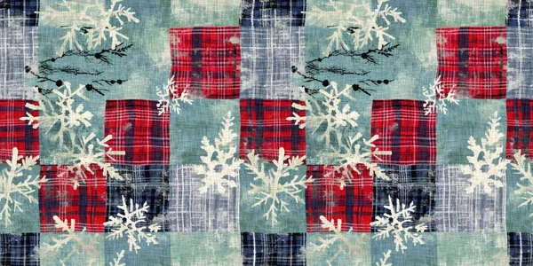 Grunge Americana Kerst Sneeuwvlok Rood Blauw Wit Huisje Stijl Naadloze — Stockfoto