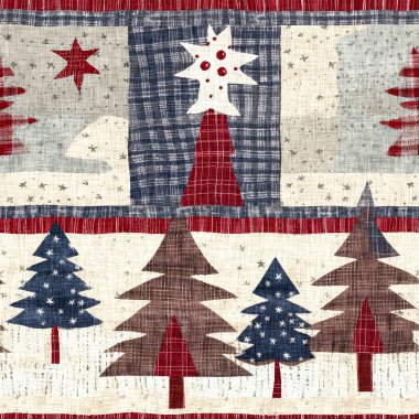 İlkel el dikimi kumaş efektli eski moda noel ağacı. Konforlu nostaljik ev yapımı kışlık el işçiliği, kusursuz desen.