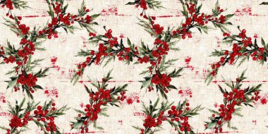 Grunge americana Noel 'i kutsal kırmızı, mavi, kır evi tarzı, pürüzsüz sınır. Sıcak kışlık ev dekorasyonu için acil durum bezi efekti.