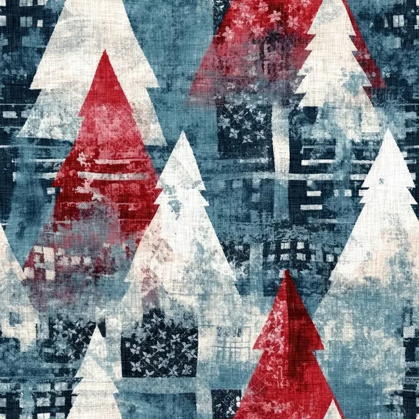 Grunge Americana Albero Natale Rosso Blu Bianco Cottage Stile Modello — Foto Stock