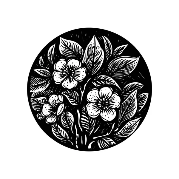 Nordic Linocut Floral Rustic Circle Motif Quirky Print Hand Drawn — 스톡 벡터