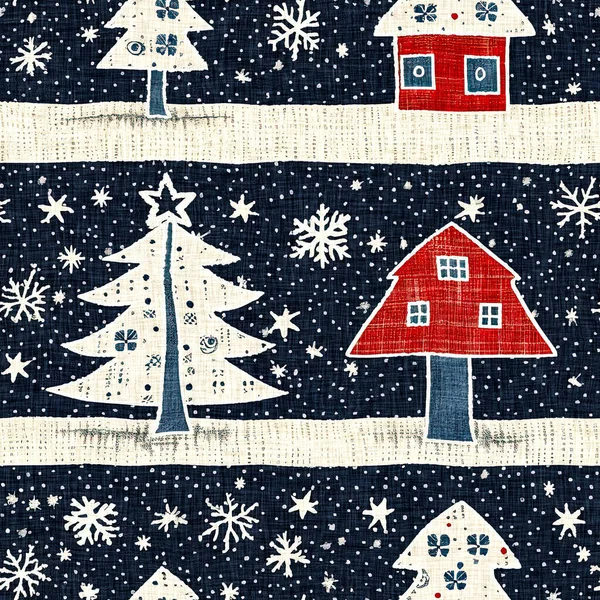 具有原始手工缝纫面料效果的老式圣诞树 舒适的怀旧家居式冬季手工制作工艺风格无缝图案 — 图库照片