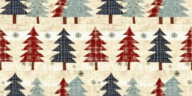 Old-Fashioned christmas tree with primitive hand sewing fabric effect banner. Cozy nostalgic homespun winter hand made crafts style ribbon