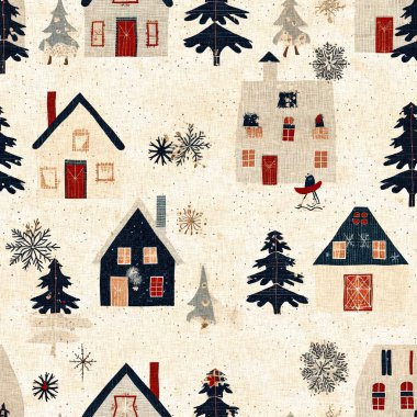 İlkel el dikimi kumaş efektiyle taşralı bir kır evi. Konforlu nostaljik, pejmürde, şık, ev yapımı Amerikan kış el sanatları tarzı, kusursuz desenli.