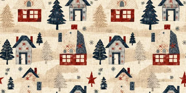 具有原始手工缝纫面料效果的乡村圣诞别墅 舒适的怀旧古雅古朴别致的家用丝带装饰与美式冬季手工工艺风格的装饰 — 图库照片