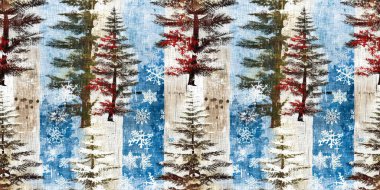 Old-Fashioned christmas tree with primitive hand sewing fabric effect banner. Cozy nostalgic homespun winter hand made crafts style ribbon