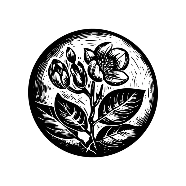 Nordic Linocut Floral Rustic Circle Motif Quirky Print Hand Drawn — Stockvektor