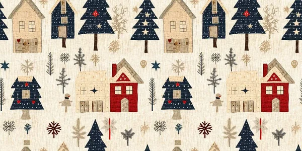 Rustic Country Christmas Cottage Primitive Hand Sewing Fabric Effect Border — Stock Photo, Image