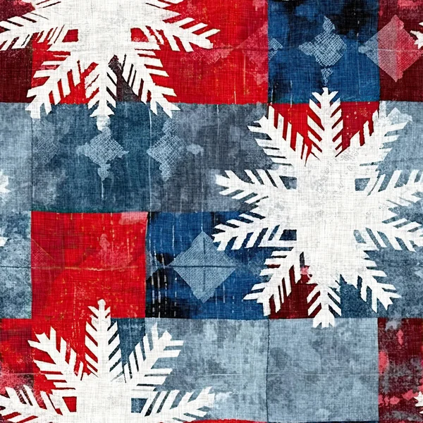 Grunge Americana Fiocco Neve Natale Rosso Blu Bianco Cottage Modello — Foto Stock